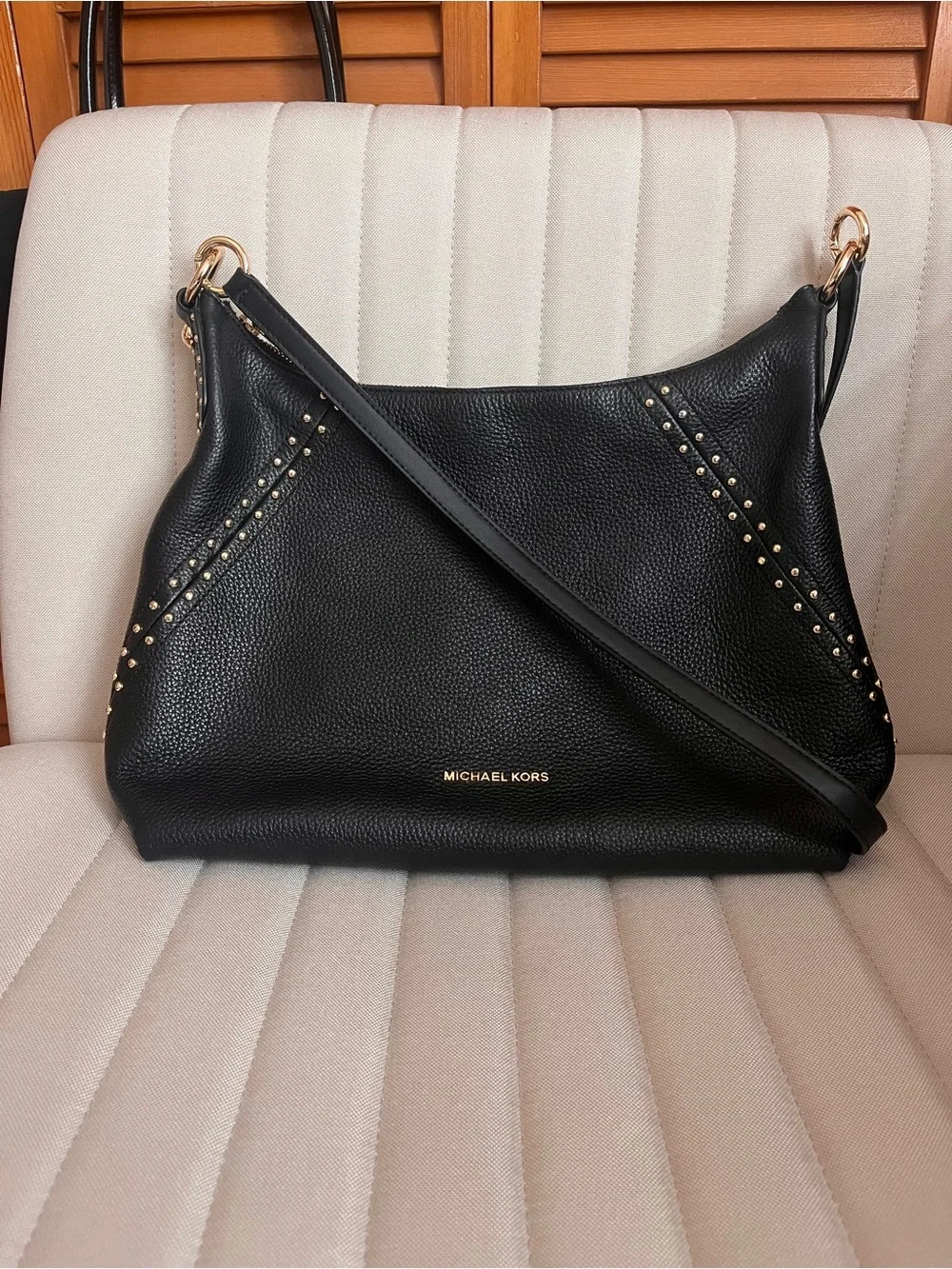 Michael Kors Black Leather Shoulder Bag with Gold Hardware and Stud Accents